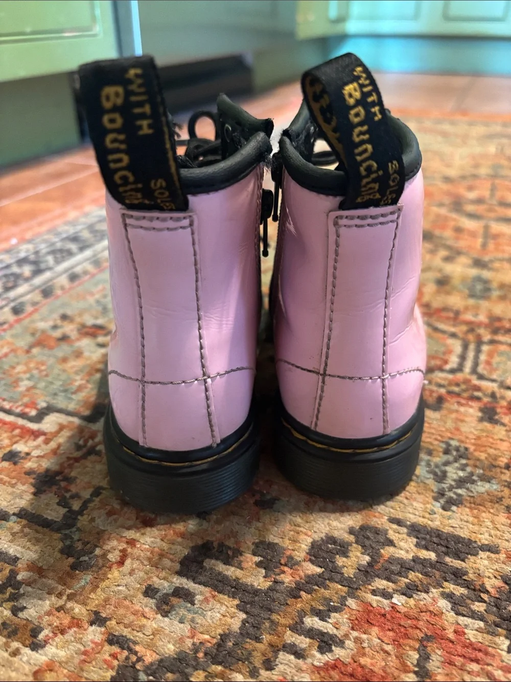 Dr. Martens Pink Patent Kids Lace-Up Boots with Black Soles